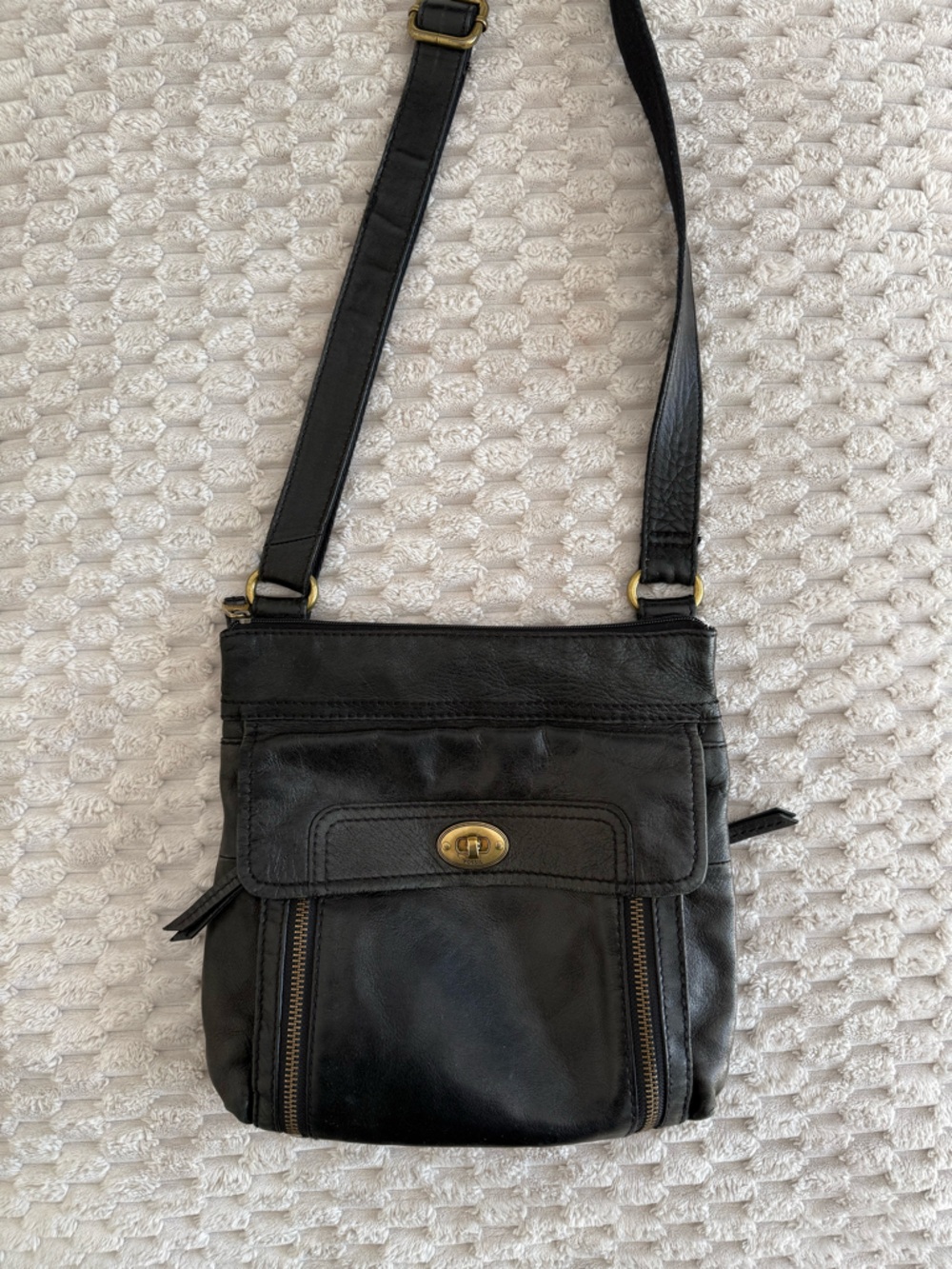Fossil Black Leather Crossbody Bag with Gold Hardware